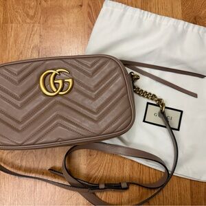 Gucci Taupe Leather Crossbody Bag with Gold Accents
